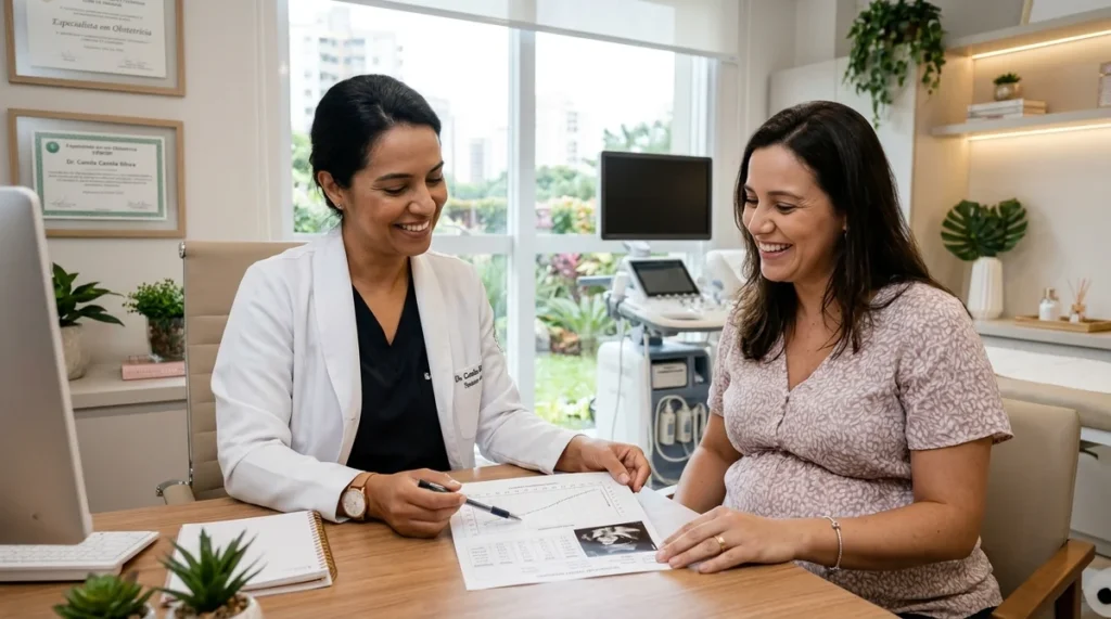 Médica obstetra explicando o laudo ultrassonográfico de 10 semanas