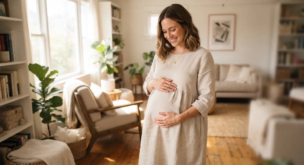Mulher com 14 semanas de gravidez observando o início da barriga no segundo trimestre gestacional