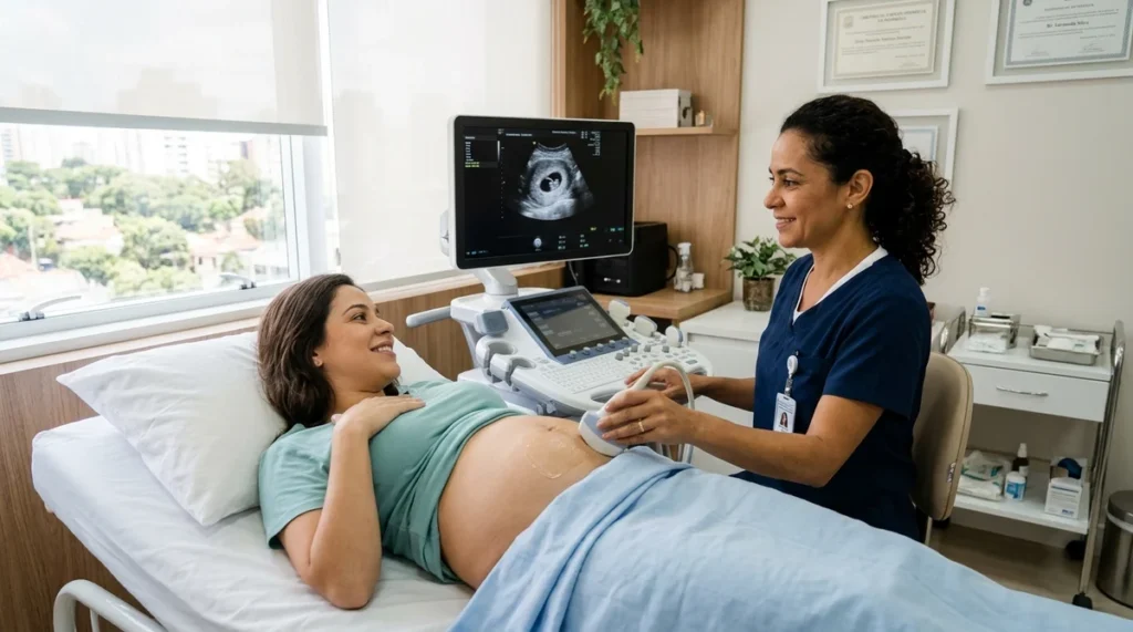 Exame de ultrassom obstétrico transvaginal na 6ª semana gestacional