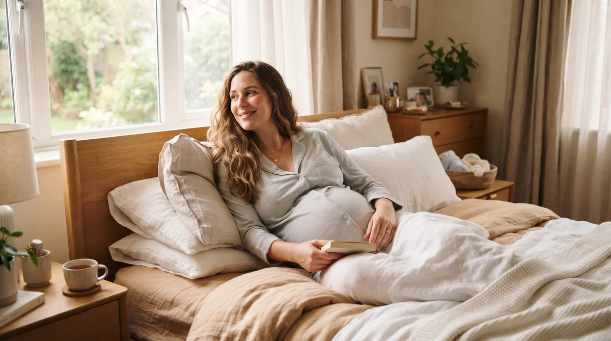 Gestante descansando na cama com tronco elevado sobre travesseiros ergonômicos confortáveis