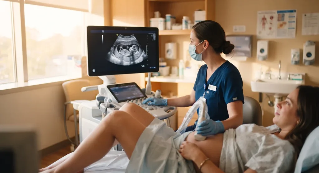 Gravidez Ectópica: Sintomas Iniciais, Curva de Beta-hCG e Diagnóstico Precoce 45 Médica ginecologista realizando ultrassom transvaginal para confirmação de gravidez intrauterina