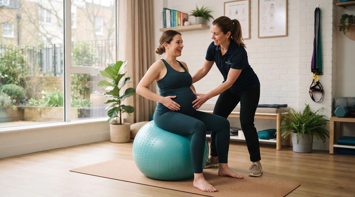 Gestante acompanhada por fisioterapeuta utilizando bola suíça de pilates para mobilidade pélvica