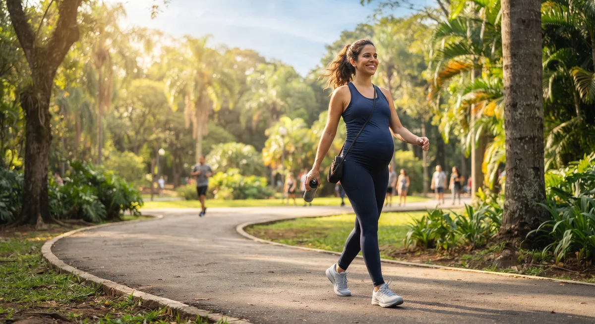 Gestante em roupa esportiva confortável caminhando ao ar livre em parque arborizado com sol matinal