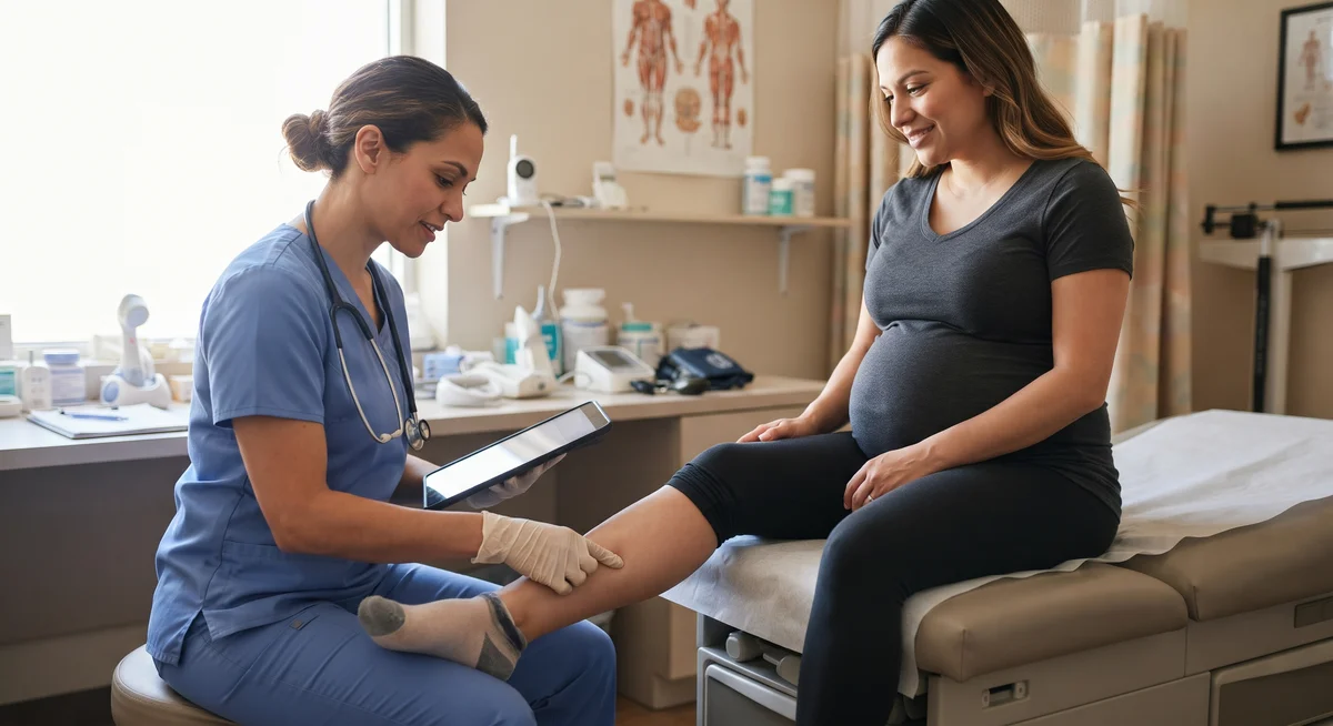 Médica examinando os tornozelos da gestante através do teste do cacifo (Sinal de Godet)