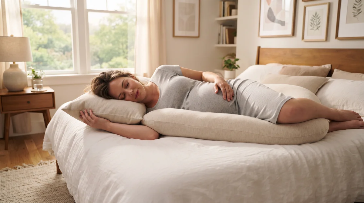 Mulher grávida dormindo pacificamente de lado apoiada por travesseiro de corpo ergonômico
