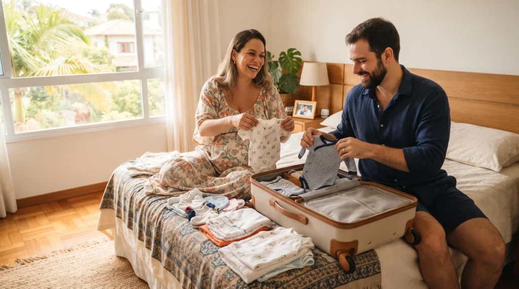 Mala da Maternidade: Checklist Completo e Organizado (Mãe, Bebê e Acompanhante) 41 Pais arrumando mala de viagem da maternidade com roupas de bebê dobradas sobre a cama
