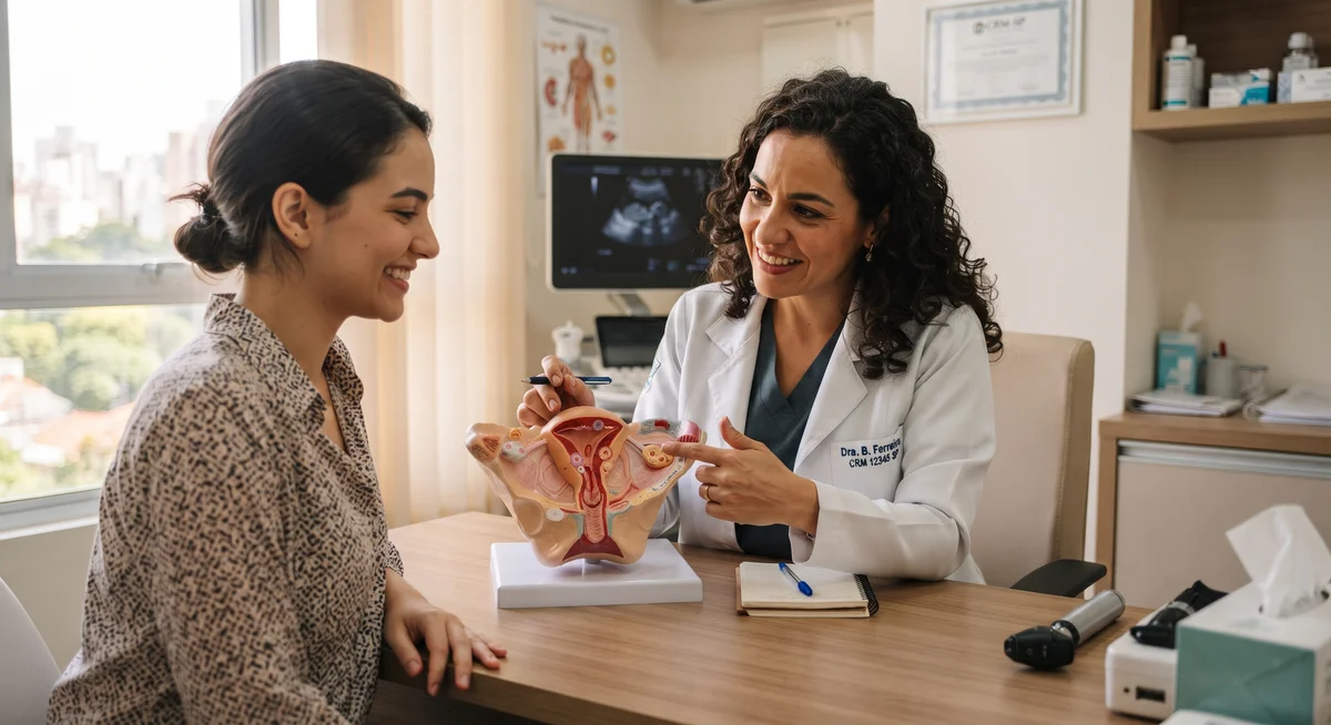 Ginecologista demonstrando o ciclo ovariano e folicular com modelo anatômico de pelve feminina em consultório