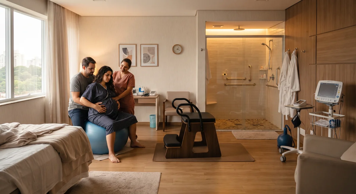 Quarto de parto humanizado moderno em hospital brasileiro com bola de pilates e banqueta de parto