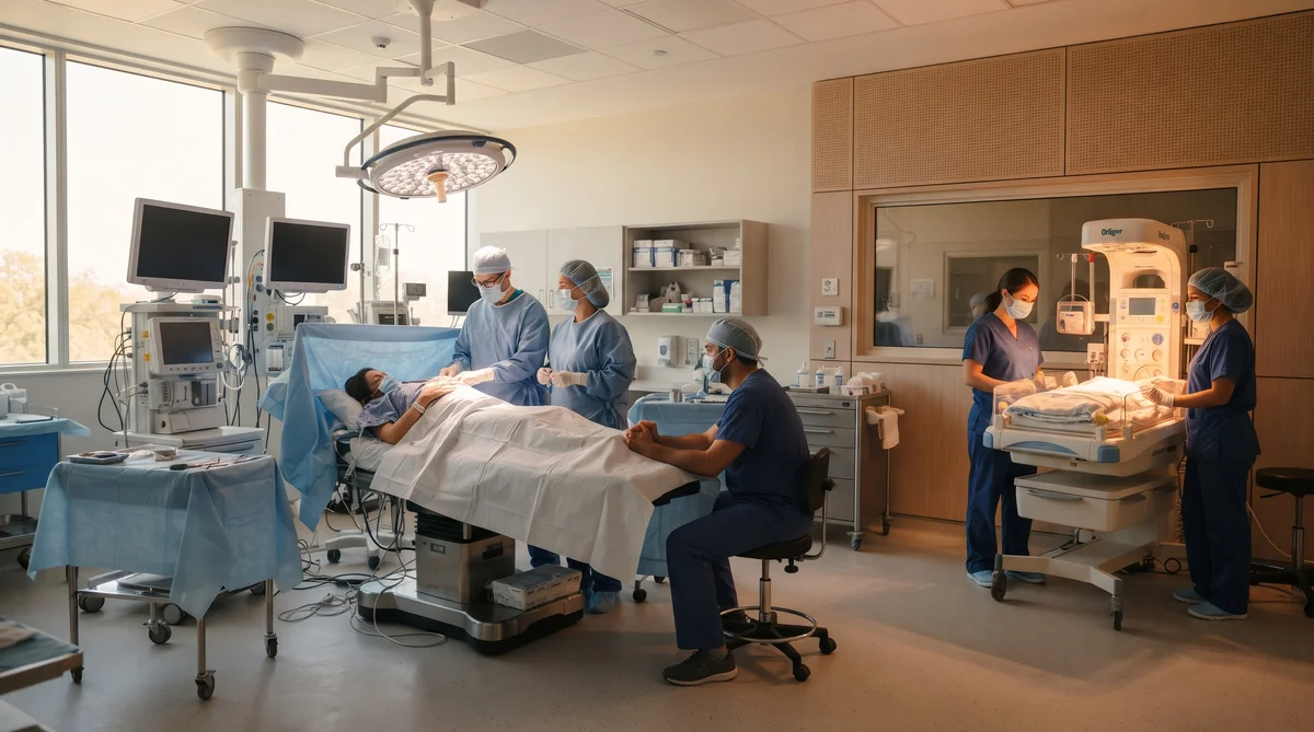 Sala cirúrgica obstétrica moderna e esterilizada preparada para cesariana segura