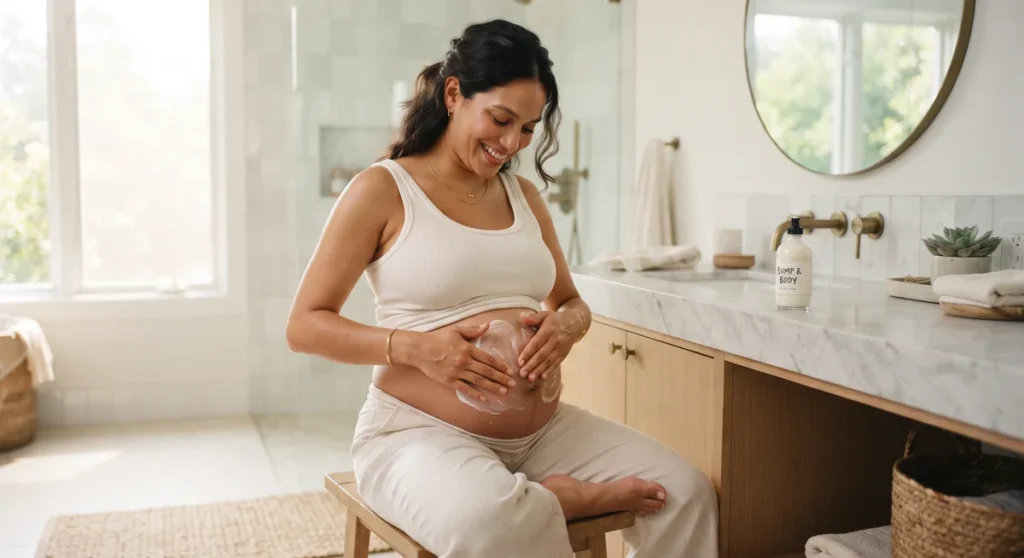 Cuidados com a Pele na Gravidez: Prevenção de Estrias, Melasma e Cosméticos Seguros 25 Mulher grávida aplicando loção hidratante corporal suave em sua barriga iluminada por luz natural