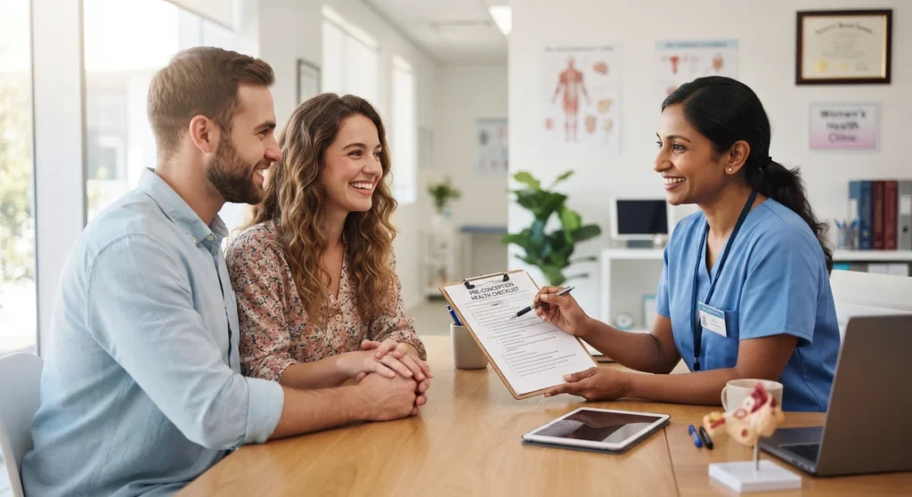 Planejamento da Gravidez: Check-up Pré-Concepcional, Exames e Cuidados Iniciais 13 Casal jovem em consulta atenciosa com ginecologista revisando lista de exames pré-concepcionais