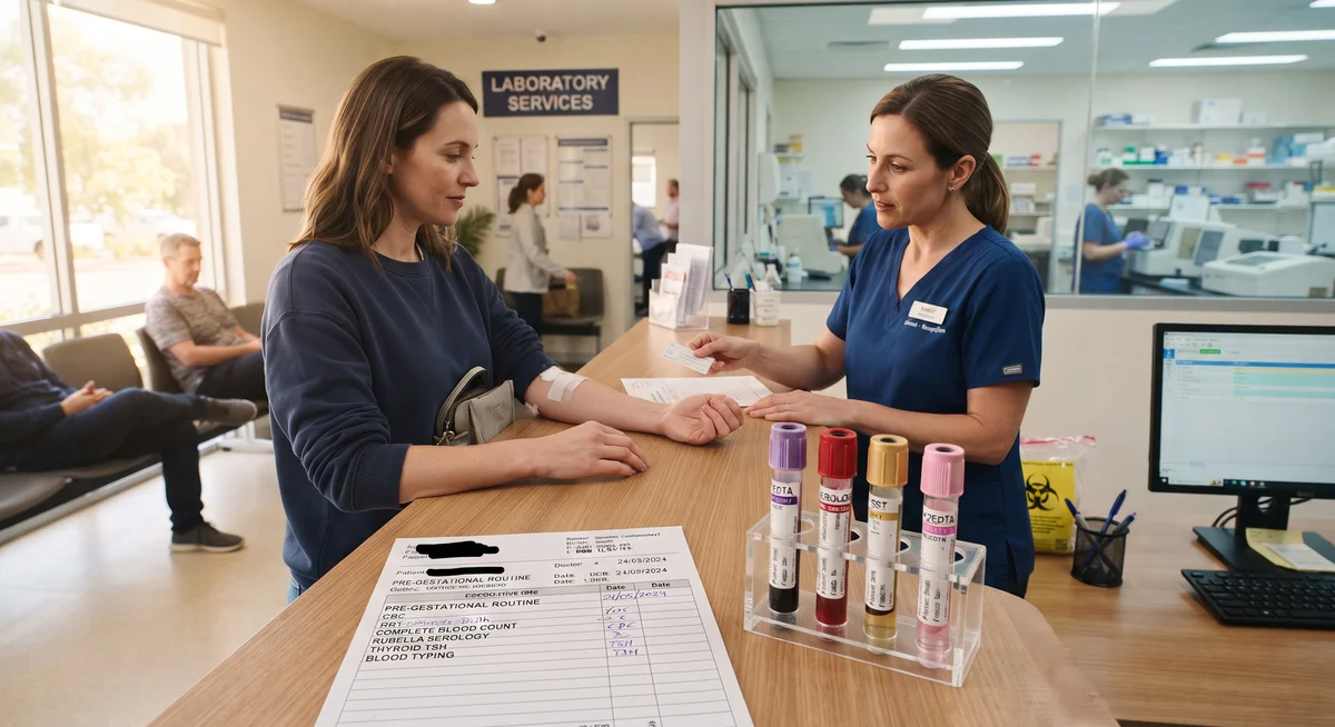 Recepção de laboratório clínico com frascos de coleta de sangue para tipagem sanguínea e sorologias
