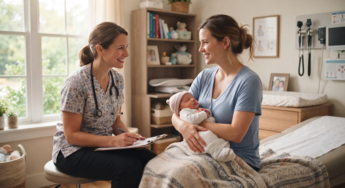 Médico obstetra realizando consulta de revisão puerperal pós-parto com mãe e recém-nascido