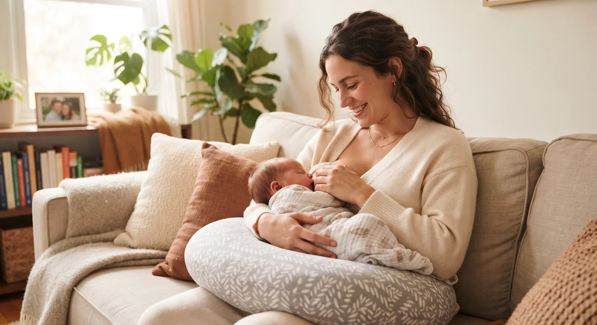 Mãe amamentando bebê recém-nascido apoiada por almofada ergonômica em casa