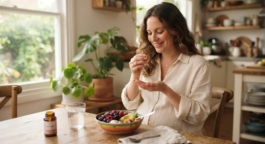 Suplementos e Vitaminas na Gravidez: Guia Completo Trimestre a Trimestre 33 Gestante sentada à mesa bem iluminada organizando seus suplementos vitamínicos prescritos pelo obstetra