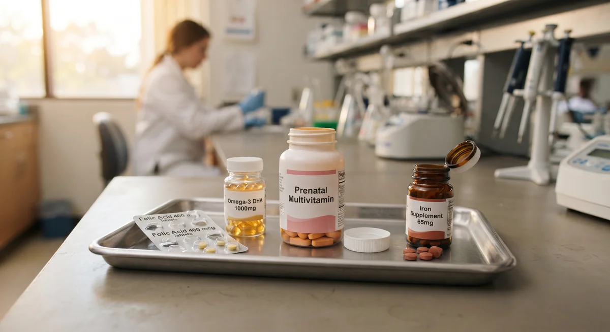 Bancada clínica exibindo suplementos pré-natais blister de ácido fólico e cápsulas de ômega-3