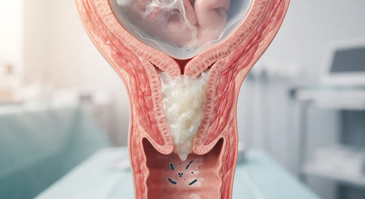 Ilustração anatômica do colo do útero fechado com o tampão mucoso protegendo a cavidade uterina