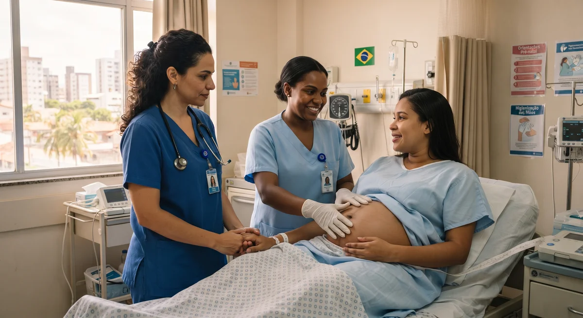 Consulta pré-natal de termo com médica obstetra orientando sobre as fases reais do trabalho de parto