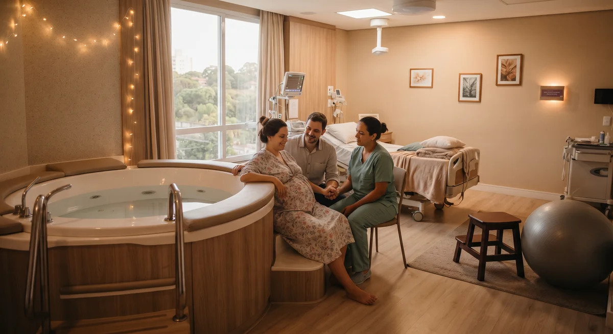 Sala de parto humanizado hospitalar com banheira de hidromassagem, bola suíça e iluminação suave