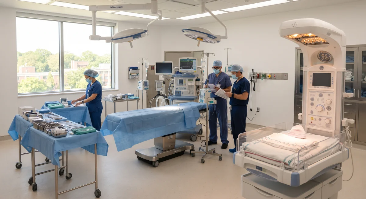 Centro cirúrgico de maternidade moderno e estéril preparado para cesariana segura e humanizada