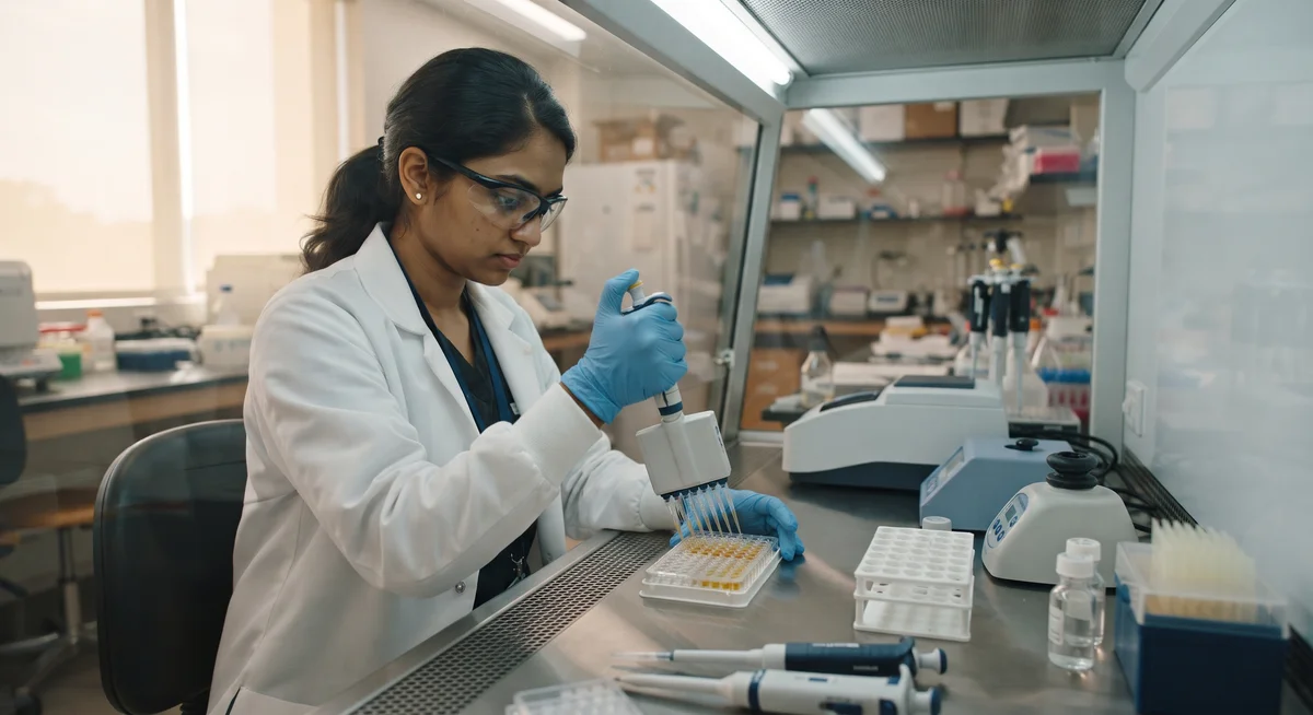 Técnico de laboratório clínico analisando placas de ensaio sorológico ELISA para IgG e IgM
