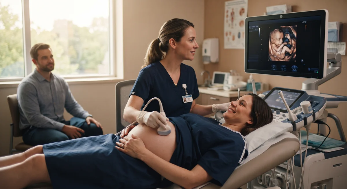 Médico especialista em medicina fetal realizando o exame de ultrassom morfológico de primeiro trimestre